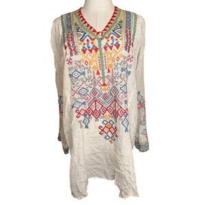 Biya Johnny Was 100% Silk Embroidered Tunic Boho Peasant Top Medium